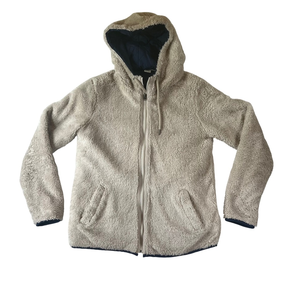 Roxy Fleece Hoodie Women L Beige High Pile Full Zip Quilted Lined Jacket Cozy